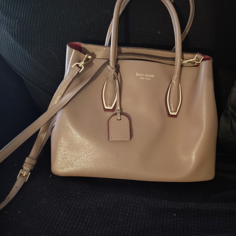 Kate Spade Taupe Satchel with Red Accents